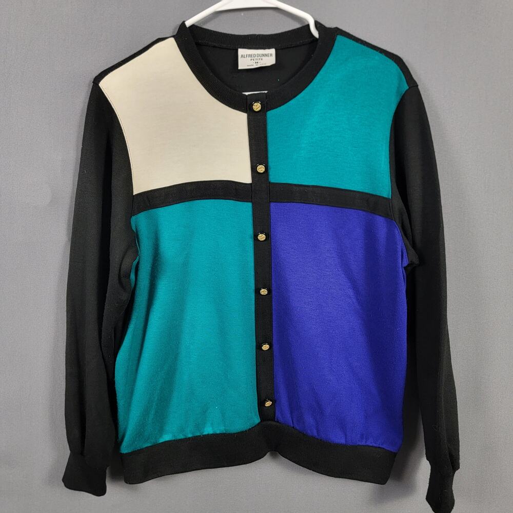 Colorblock Vintage Sweater Cardigan Gold Buttons Teal Cobalt Black Alfred Dunner